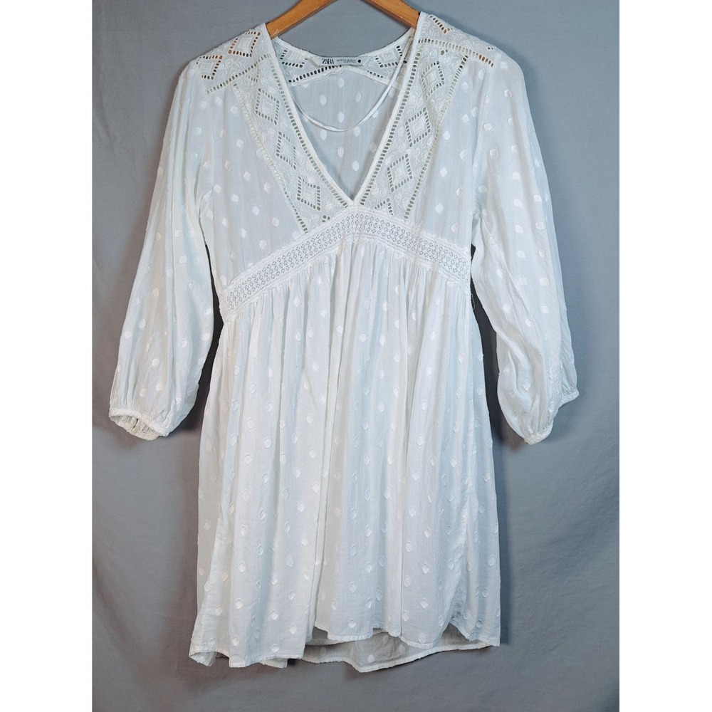 Zara White V Neck Lace Details Babydoll Dress Long Sleeve XS